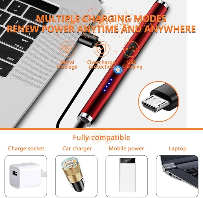 Electric Candle Lighter Rechargeable Plasma Flameless USB Lighter with Safety Lock Dual Arc LED Display for Grill Kitchen Camping (Red)