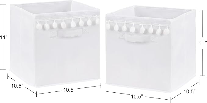 Sweet Jojo Designs White Foldable Fabric Storage Cube Bins Boxes Organizer Toys Kids Baby Childrens - Set of 2 - Gender Neutral Solid Color Bohemian Southwest Tribal Pom Pom for Llama Collection