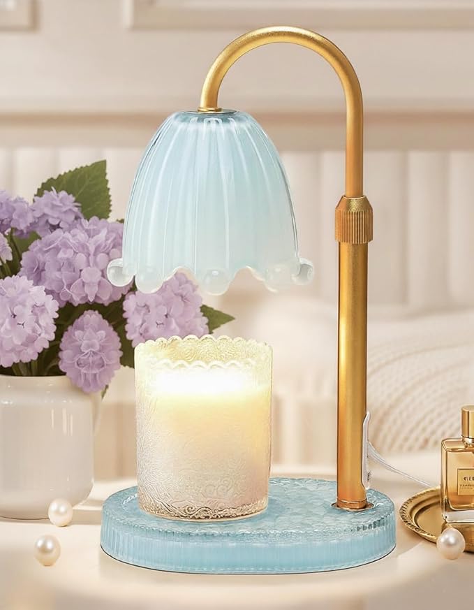 Flower Candle Warmer Lamp with Timer, Vintage Adjustable Glass Warmer Light for Jar Candles, Electric Wax Warming Melter, Gifts for Women Mom, Bedroom Decor (Pink-Flower) (Blue-Flower)