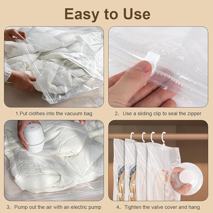 Flintronic Hanging Vacuum Storage Bags, 4pcs(2 Long 135x70CM & 2 Short 110x70CM) Vacuum Compression Zipper Storage Bags, Space Saver for Clothes, Suits, Dresses, Coats or Jackets