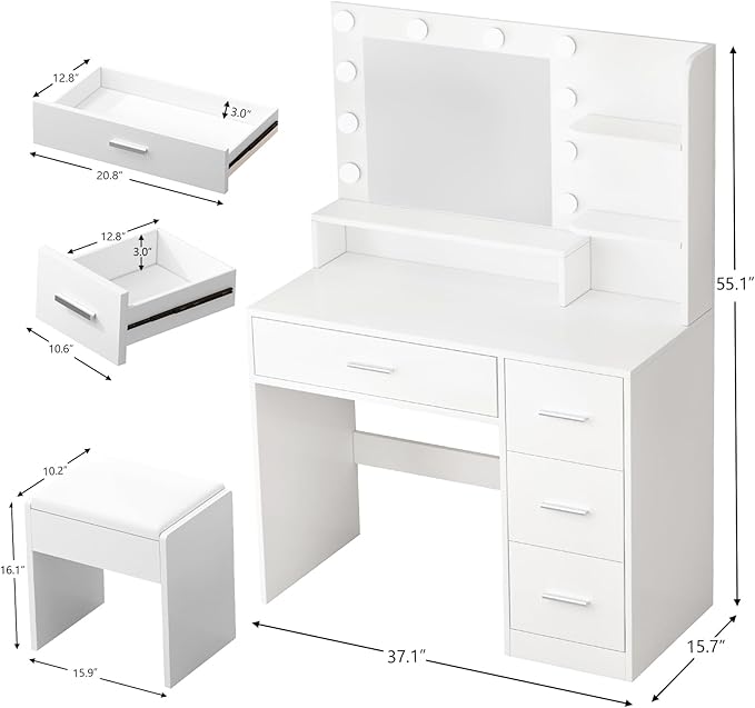 OTOQS Makeup Vanity Desk with Mirror and Light,Dressing Table Set with 3 Color Modes LED Lights,Large and Three Level Storage Dresser, for Bedroom Dressing Room,White