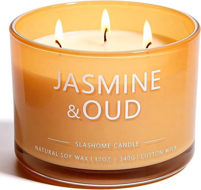 Jasmine & Oud Scented Candle, Luxury Large 3 Wick Soy Candle 12 Oz, 60+ Hour Long Lasting Clean Burn, Elegant Aromatherapy Home Decor, Housewarming & Birthday Gift for Men & Women