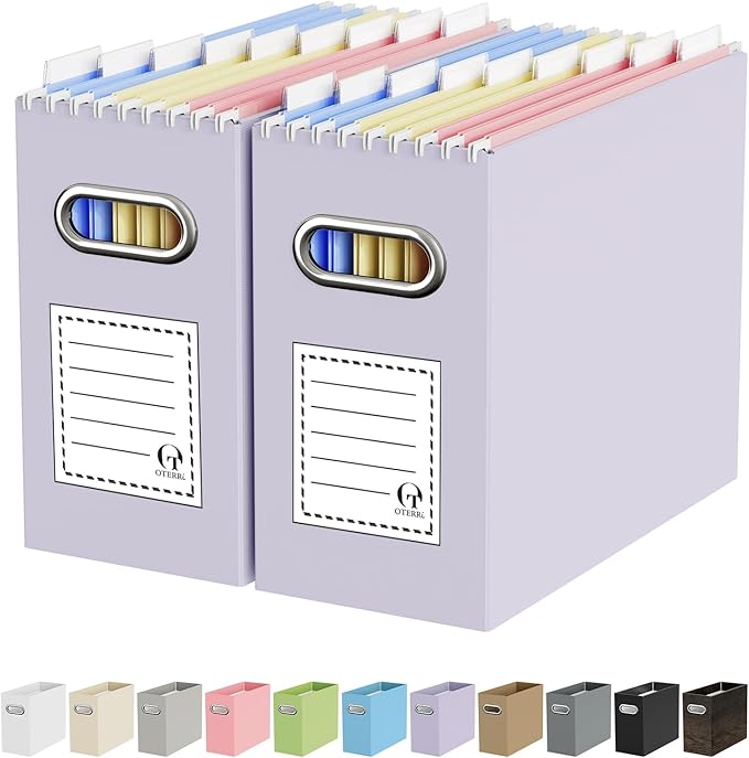 Oterri File Organizer Box, Portable Collapsible Cardboard File Folder Organizer with Handle for Letter Size Hanging Files, Document Storage Box for Home Office & Classroom (2 Packs, Purple)