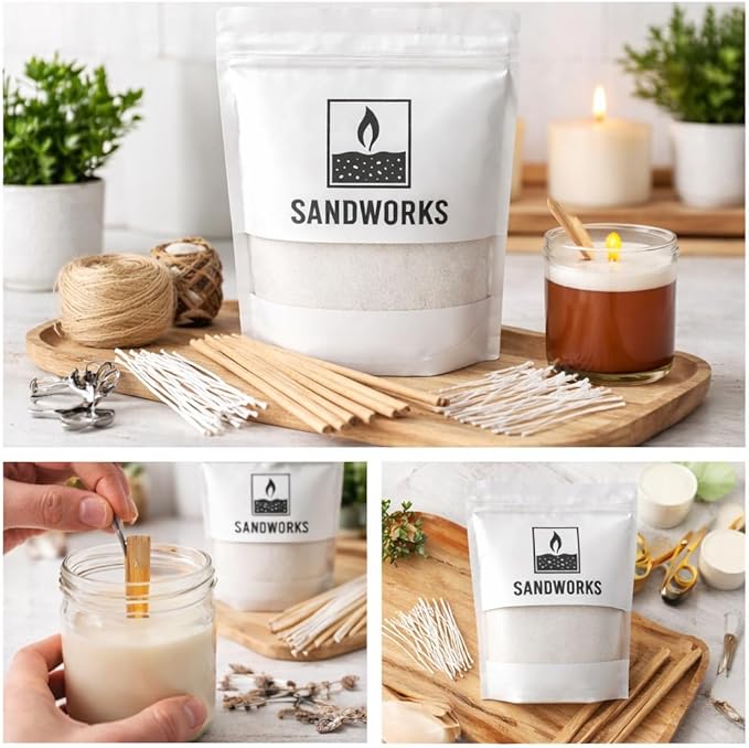 Sand Wax Candle Making Kit – 5 Wooden Wicks & 15 Cotton Wicks, 500 g Premium Fragrance-Free Sand Wax (Deep Tide Blue)
