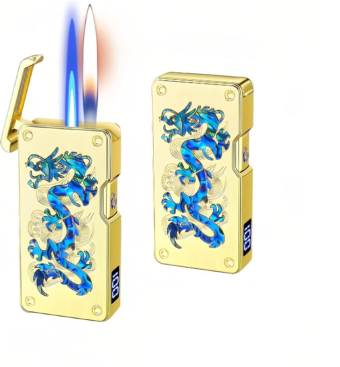 Smart Butane Lighter with 5 Ignition Methods, Voice-Activated Dual Flame Lighter with Windproof Blue Torch and Soft Flame Options, Rechargeable and Refillable Lighters (Without Fuel) (Brass)
