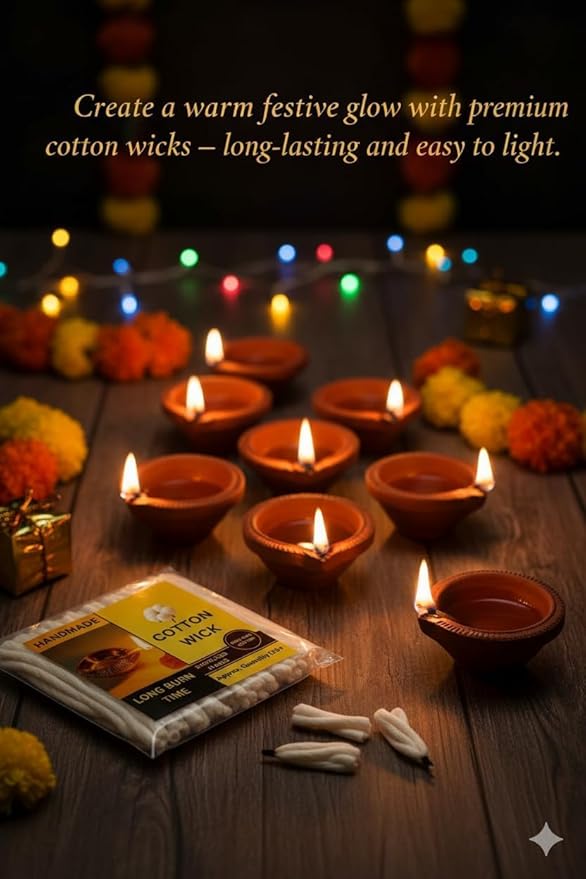 Cotton Wicks for Oil Lamps, Diya & Candles – 100% Natural Hand-Rolled Cotton, Smokeless Long-Burning Wick for Prayer, Meditation & Home Décor – Pack of 125