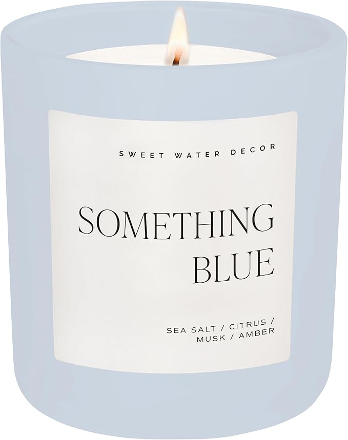 Sweet Water Decor Something Blue Candle, Non-Toxic Soy Wax with Lemon, Cedarwood, Cinnamon, Vetiver, Amber & Musk, 15 oz Jar, 70 Hours Burn Time - Bridal Shower Decoration and Gift for Future Wife