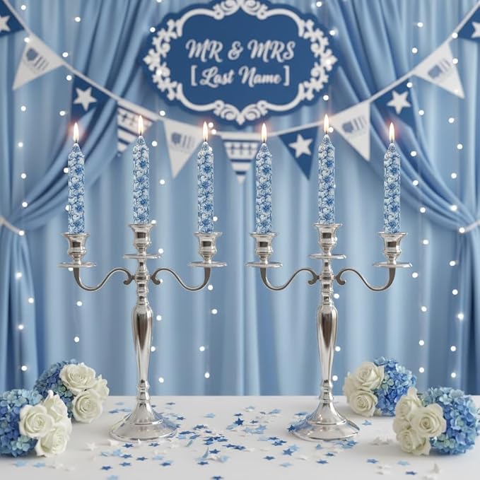 9 Inch Blue and White Thick Taper Candles Hand Poured Smokeless Unscented Clean Burning Chinoiserie Floral Candles for Wedding Centerpiece Nautical Ceremony Tall Candle Sticks