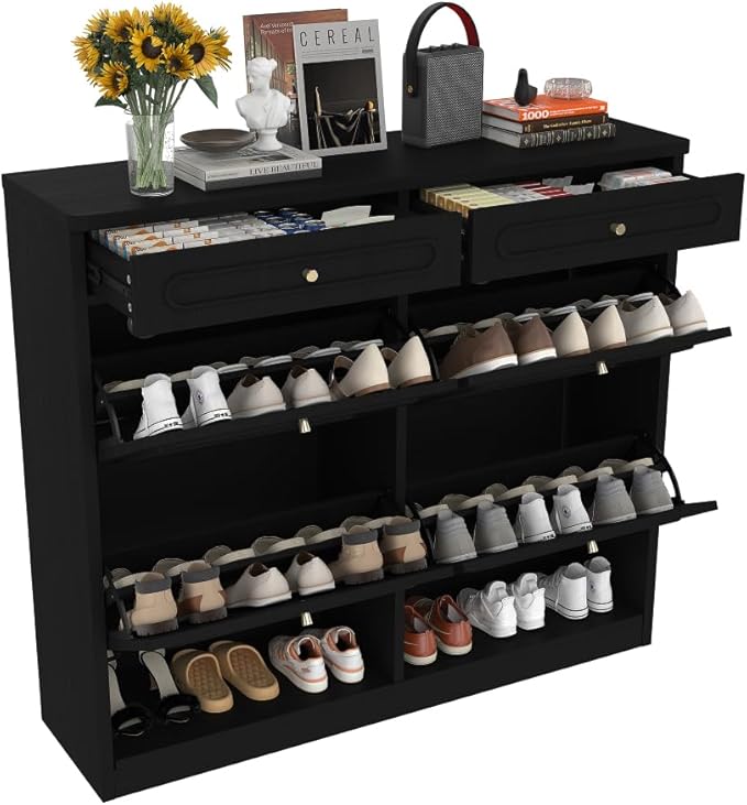 Wooden Shoe Cabinet with 4 Flip Drawers 2 Storage Drawers Farmhouse Style Shoe Organizer for Classified Storage Black (Black)