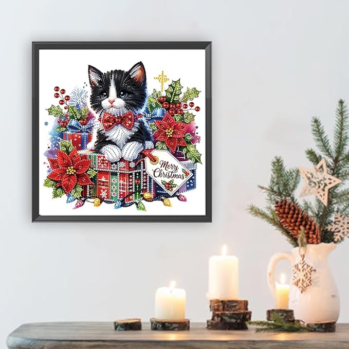 Xmas Gift Cat 5D Special Shape Diamond Art Kits for Beginners, Christmas Winter Theme Diamonds Painting Kits for Adults,DIY Crystal Rhinestones Diamond Paintings for Home Wall Decor 12×12Inch