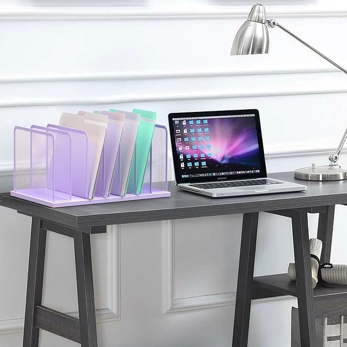 Kuntine.B Desk File Organizer Upright Mesh Desktop Organizer File Sorter Office Organization File Holder for Home, Office & Classroom (Purple, 2 Pack 7-Section)