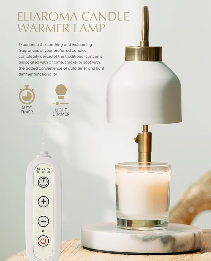 Marble Candle Warmer Lamp with Timer & Dimmer - Adjustable Height Electric Wax Melt Warmer fit for All Jar Candle Sizes, Premium Marble Base - Flameless Fragnance Lamp for Home Decor & Gifts