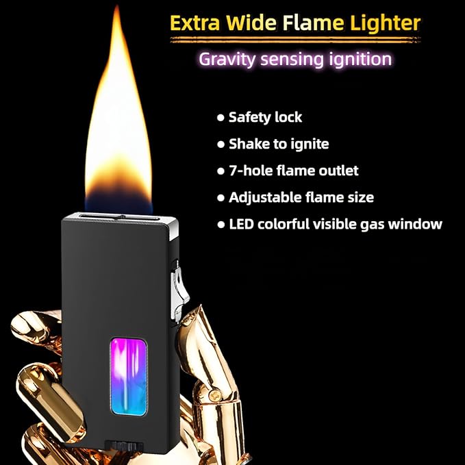 Extra Wide Flame Butane Lighters, Gravity Sensing Shake to Ignite, Adjustable Flame Size, USB-C Charging and Refillable Lighter with Safety Lock (Fuel Not Included) (Red)