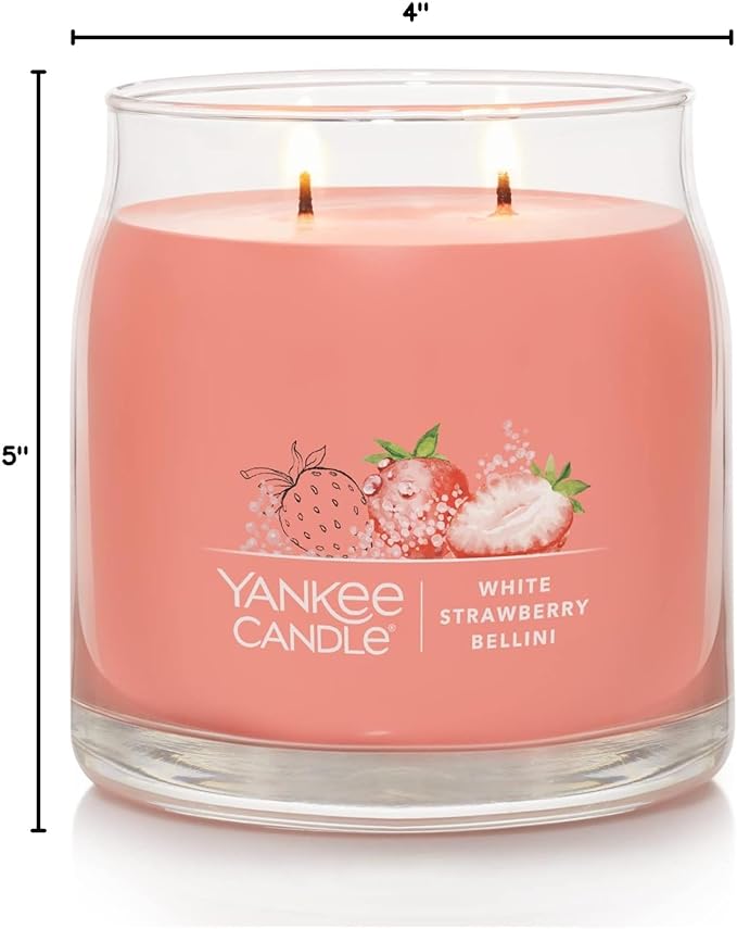 Yankee Candle White Strawberry Bellini Scented Signature 13oz Medium Jar 2-Wick Candle Over 35 Hours of Burn Time