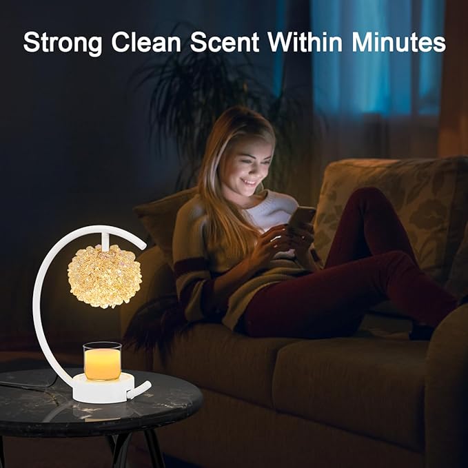 Yeuslor White Candle Warmer Lamp for Jar Candles with Adjustable Brightness＆Timer，Handcrafted Crystal＆Wooden Base,Candle Lamp Luxurious Design+2Bulbs,Home Decoration Electric Candle lamp(C-Shaped)
