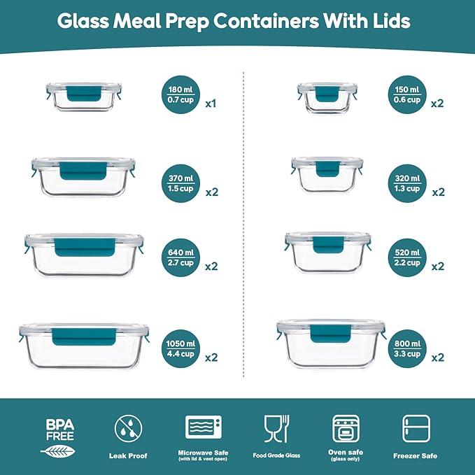 GENICOOK Airtight Glass Meal Prep Containers 15-Pack with Locking Lids – Leak-Proof Food Storage Containers Set, BPA-Free Borosilicate Glass, Microwave, Oven, Freezer & Dishwasher Safe