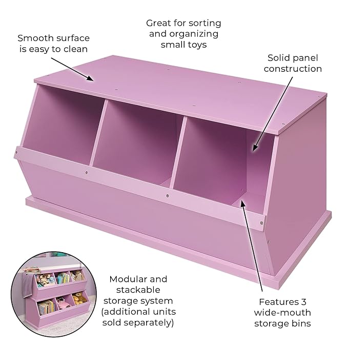 Badger Basket Stackable 3-Bin Storage Cubby - Modular Toy and Craft Organizer with Wide Mouth Bins, Expandable Design, Solid Panel Construction - Compatible with Other Units - Lilac
