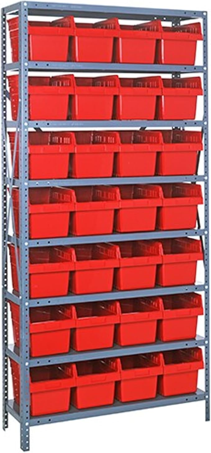 Quantum 1275-SB807RD Heavy Duty Shelving Unit with (8) Shelves and (28) QSB807 Red Bins for Garage Warehouse Storage Distribution | 400 lb Load Capacity | 12"D x 36"L x 75"H, Galvanized Carbon Steel