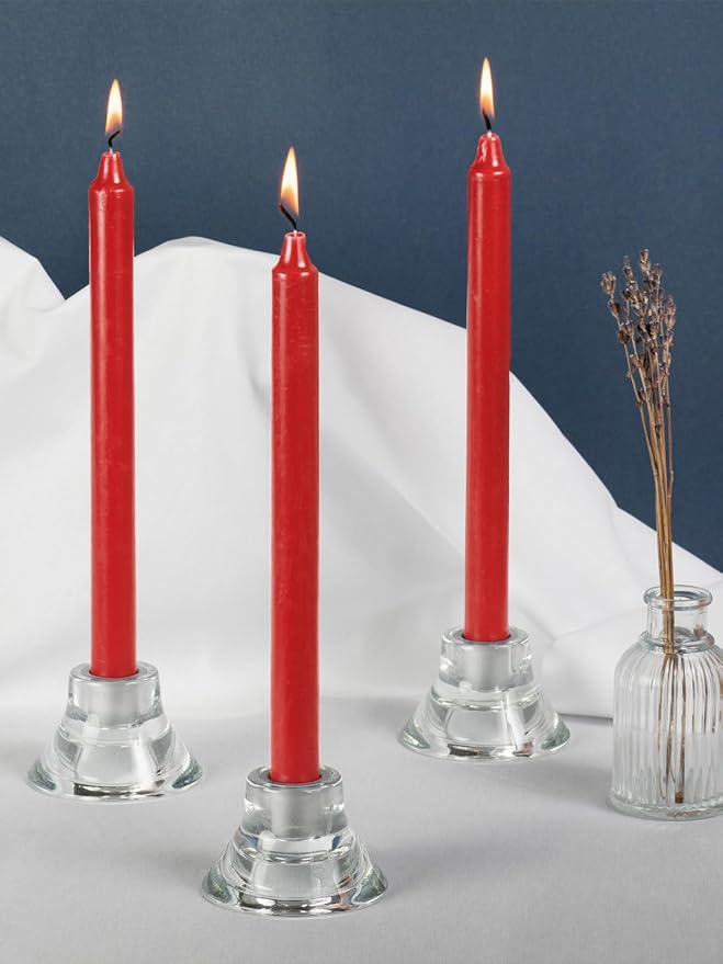 CANDWAX Red Taper Candles Pack of 4 - Slow Burning Dripless Unscented Straight Candles 12 inch - Ideal for Dinner Table - Smokeless Long Candlesticks
