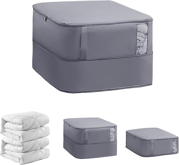Veki Comforter Storage Bag, Space Saving Self Compression Foldable Blanket Storage Bags, Closet Organizer With Handle and VisualiZation Window, Large capacity 130L for Bedding, Clothes (Grey L)