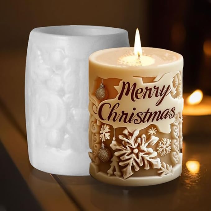 3D Relief Cylinder Christmas Candle Molds, Merry Christmas Letter Silicone Molds for Candle Making, Snowflake Aromatherapy Soap Molds Resin Casting Molds Gummy Molds for DIY Home Decoration Supplies
