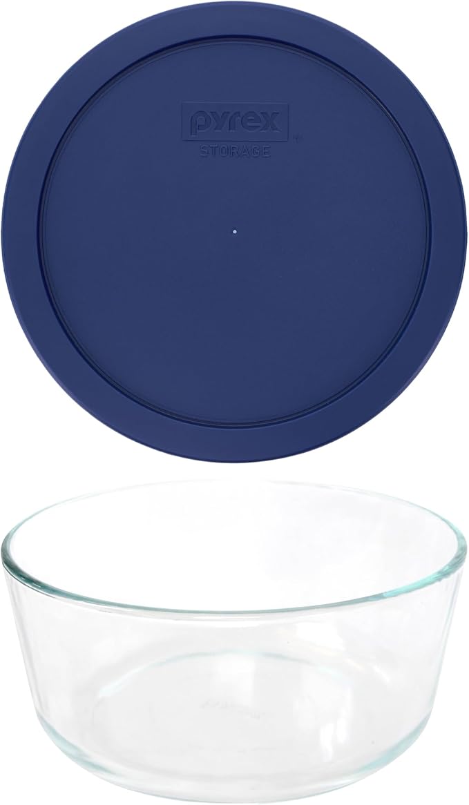 Pyrex 7203 7-Cup Glass Mixing Bowl with 7402-PC Blue Plastic Lid, Food Storage Container, Dishwasher Safe, Ideal for Food Prep & Leftovers - Made in the USA