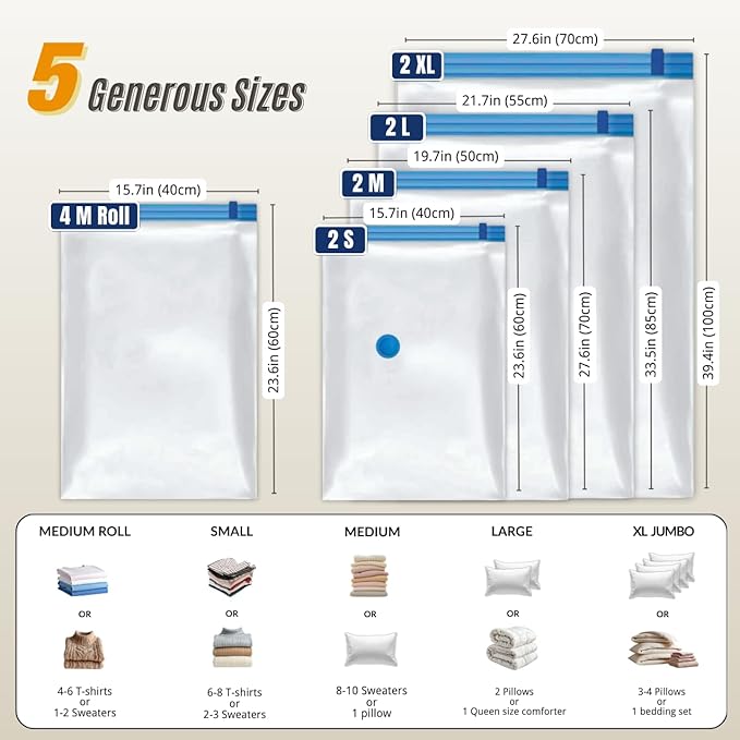 12 Pack Vacuum Storage Bags with Hand Pump, Compression Space Saver for Comforter, Bedding, Blanket Storage, Vacuum Seal Bags for Clothing, Travel Luggage Suitcase and Closet Organizer