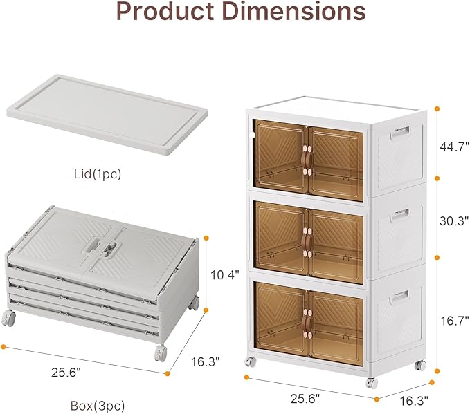 UAMFURI Stackable Storage Bins with Lids, 360QT Closet Organizers, Lockable Storage Cabinet，Foldable Storage Box with Doors and Wheels, Plastic Drawers for Home, Garage, Office (3, White, Large)