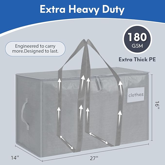 2-Pack Extra-Large Heavy-Duty Storage Totes with Reinforced Handles, Durable Zippers & Waterproof Material — Perfect for Space-Saving, Moving, Shipping and Travel (Grey)