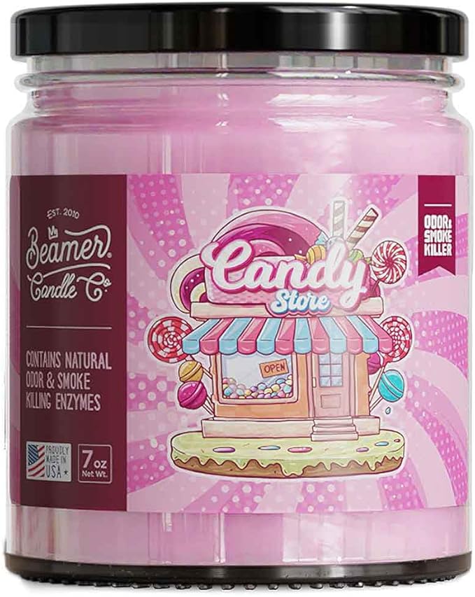 Beamer Candle Co. - Candy Store Candle – Sweet Peppermint Scent – Notes of Peppermint, Fresh Mint & Vanilla - Odor Eliminating - High Fragrance - Medium 7oz Glass Jar - 55 Hour Burn Time