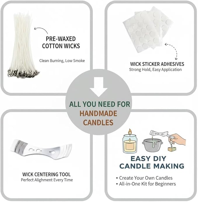100pcs 6" Natural Cotton Candle Wicks & Stickers + 1 Wick Centering Device - Low Smoke, Natural Core for Candle Making & DIY Projects