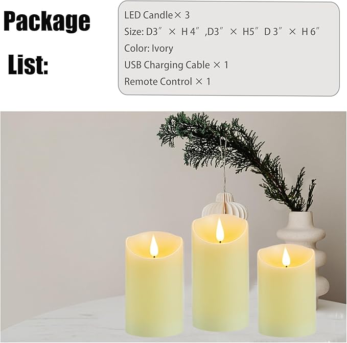 Rechargeable Candles, Flickering Flameless Candles with Remote and Timer, Real Wax LED Candles with 3D Wick, Pillar Candles for Home, Festival, Wedding, Party Decor Set of 3