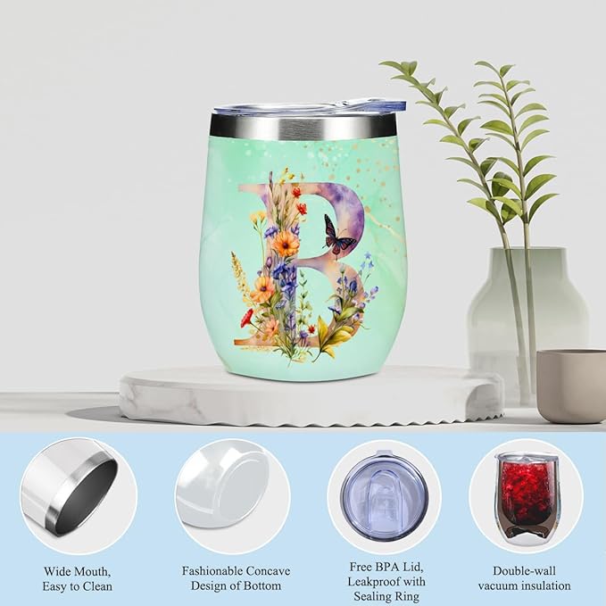 Personalized Gifts Monogrammed Birthday Gifts for Women, Sister Cowerker Mom Boss Day Christmas Appreciation Initial Wine Tumbler Makeup Bag Scented Candle Bracelet Set, (Aesthetic Green Flower B)