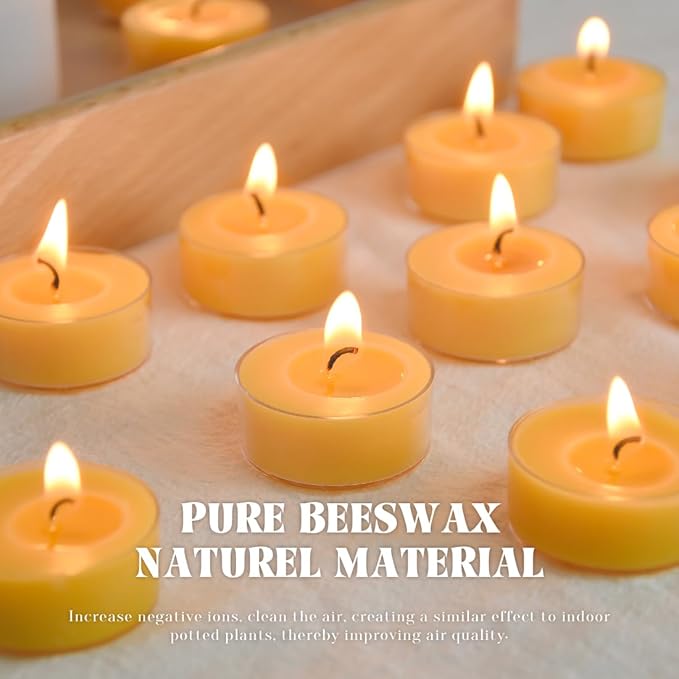 48 Pack Natural Yellow Pure Beeswax Tealight Candles - Organic Small Candle Natural Scent Smokeless Clean Burning