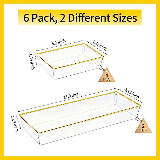 6 Pack Large Size Clear Stackable Drawer Organizer Trays, Gold Rim Makeup Drawer Storage Tray Divider, Desk Storage for Makeup, Jewelry, Bathroom, Stationary, Kitchen Utensils and Office Desk