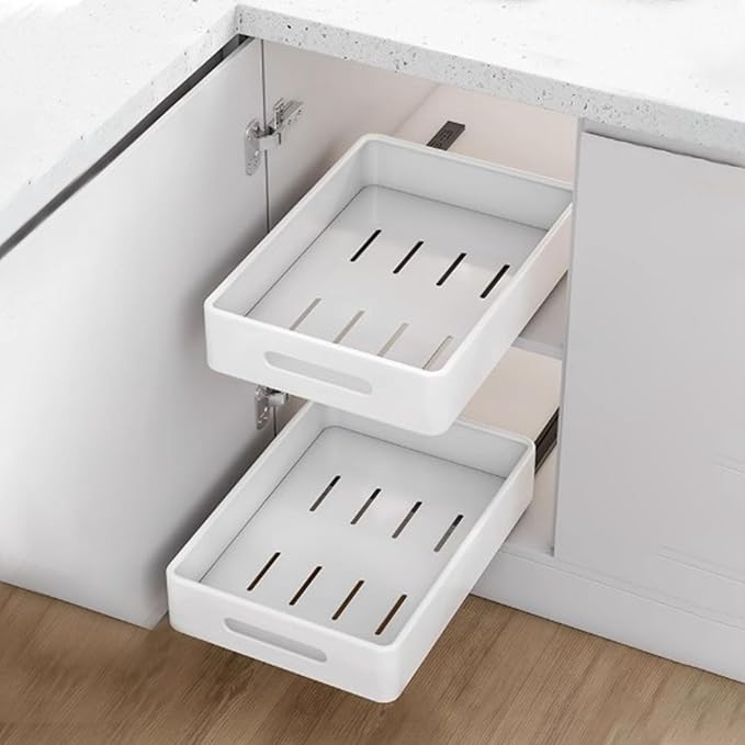 2 Pack Pull Out Cabinet Organizer, Adhesive Slide Out Drawer for Cabinets, Peel and Stick Pull Out Drawer Shelves, Multifunctional Drawer Organizers for Kitchen,Bathroom, Bedroom (White)