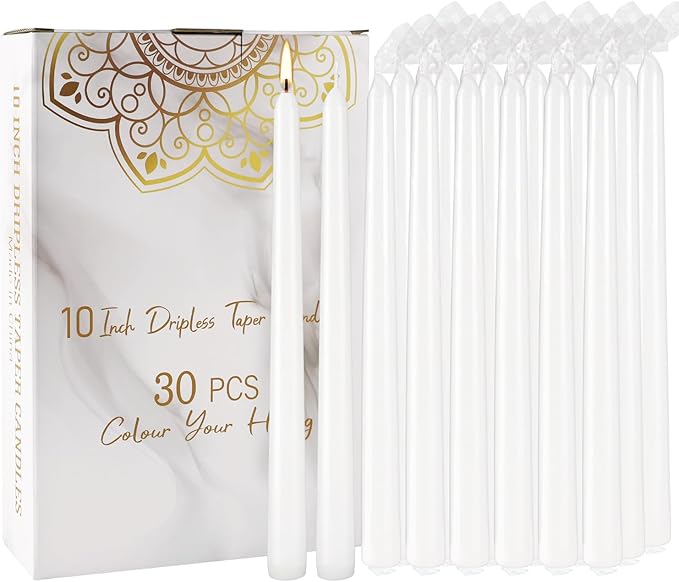 30 Pack 10 inch White Taper Candles, 7-7.5 Hour Burn Time,Unscented Dripless and Smokeless, Elegant Premium Quality Dinner Candle for Home Décor, Restaurant, Wedding, Party Candlesticks