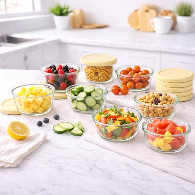 DURA LIVING 16-Piece Glass Food Storage Containers Set (8 Containers + 8 BPA-Free Lids) | 1-Cup, Leakproof | Microwave, Freezer, Oven & Dishwasher Safe | Ideal for Meal Prep & Pantry Organization