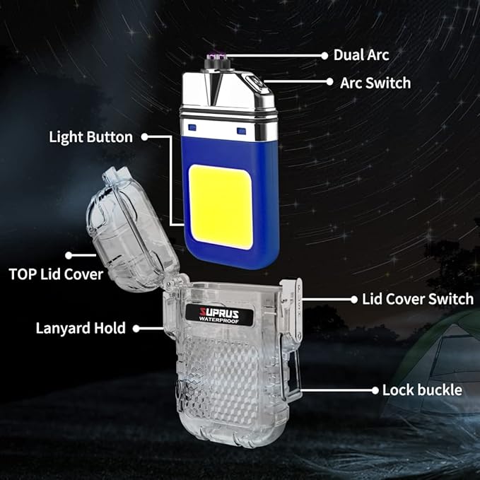 SUPRUS Waterproof 3 Modes of Flashlight Windproof Lighter Dual Arc Electric Rechargeable Dual Arc Plasma Lighter with Survival Emergency Whistle and Lanyard (Blue)