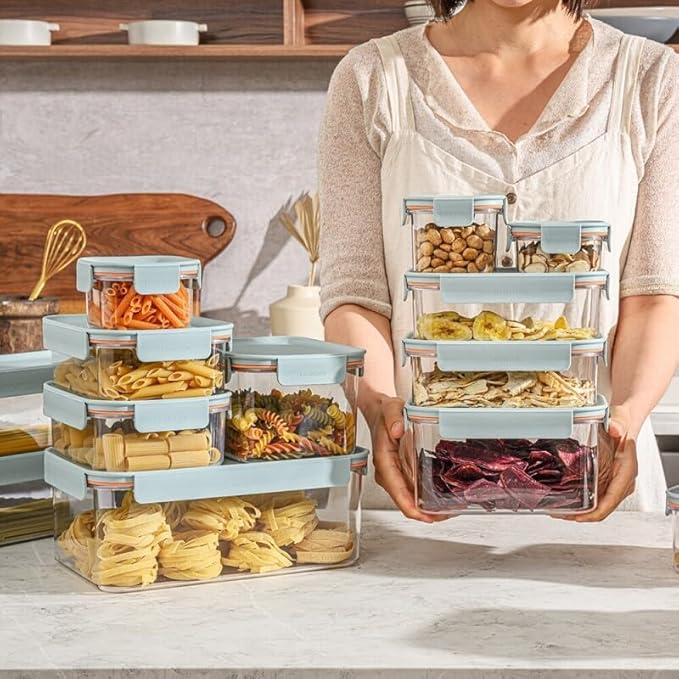 LocknLock LBF405RS12M Bisfree Modular Plus Food Storage Container Set, BPA-Free Plastic, Stackable, Microwave, Dishwasher and Freezer-Safe, 24-Piece Set with 12 Boxes and 12 Lids, Mint