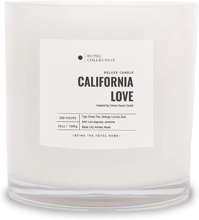 Hotel Collection - California Love Four Wick Deluxe Candle - Hotel Inspired Luxury Candle - 300-Hour Burn Time - Hints of Green Tea, Orange, and Lemongrass - 55 oz - White