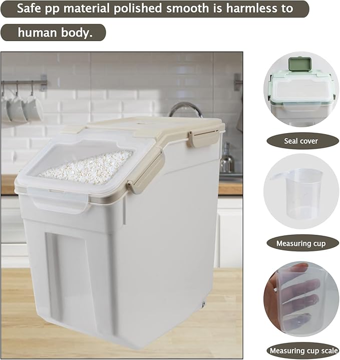 Large Flour Storage Container Bin 25lb, 2Pack Airtight Rice Storage Containers with Wheels Seal Locking Lid, BPA Free with Measuring Cup&Scoop for Flour, Rice, Grain(Gray)