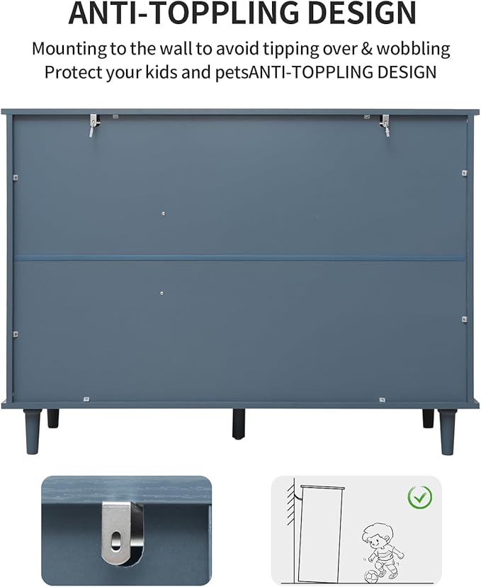 Blue 3 Doors 3 Drawers Buffet Sideboard Cabinet - Accent Cabinet with Adjustable Shelves，47 Inch Wide Wood Storage Cabinets for Dining Room,Living Room and Kitchen