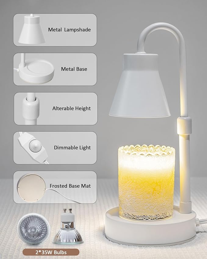 Elenhome Candle Warmer Lamp with Adjustable Height - Stepless Dimming & Metal Finish - No Flame Scented, Includes 2 Bulbs (White)