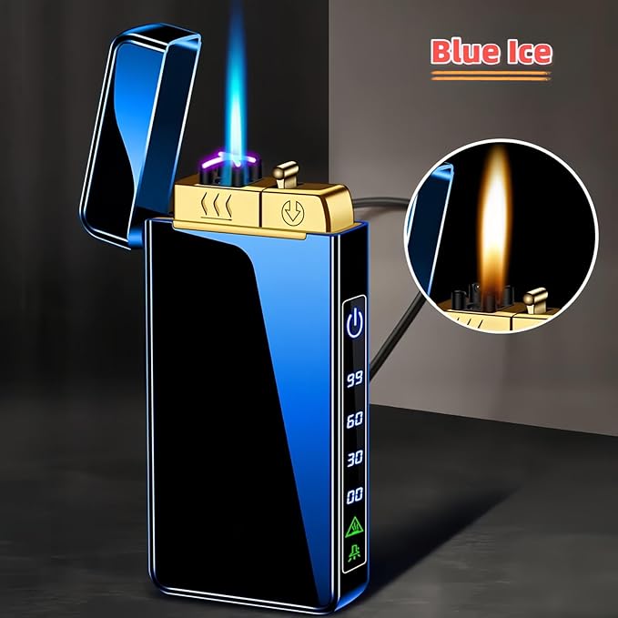 Torch Lighter, Butane Torch Soft Flame Plasma Dual Arc 3-in-1 Lighter, USB Rechargeable Electric Lighters with Flashlight, Windproof Refillable Lighters (Without Fuel) (Blue Ice)