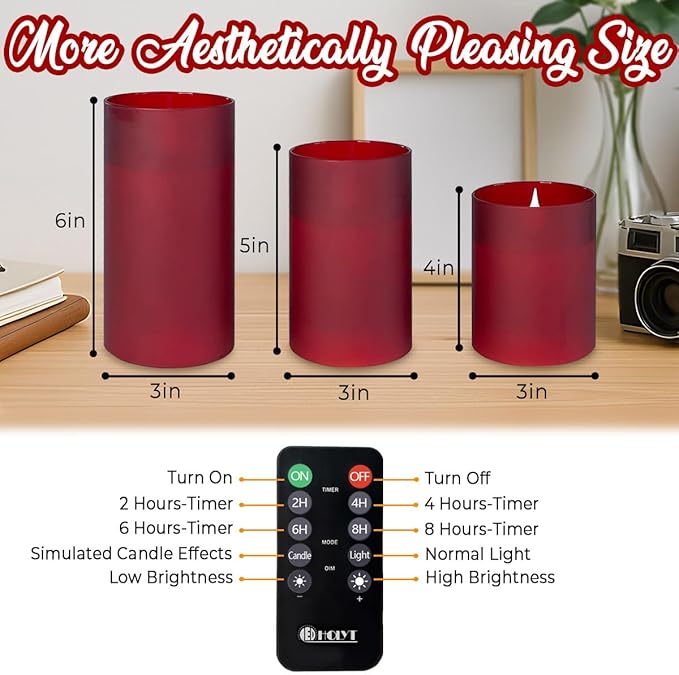 Rechargeable Flameless Candle, Flickering LED Pillar Glass Fake Candle with Remote and Timer, Built-in Battery Real Wax Electronic Candle for Room Decoration, Set of 3