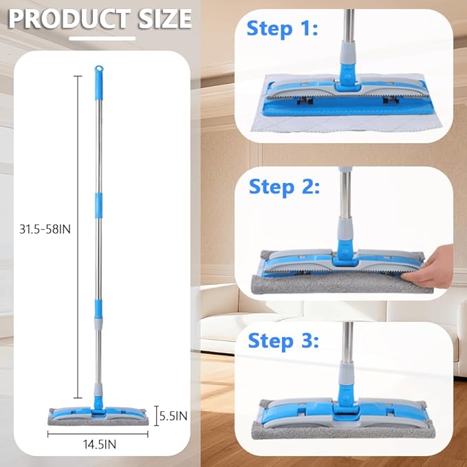Electrostatic Pet Hair Clip-On Mop,One Swipe Captures All Pet Hair & Dust-2 Reusable Pet Hair Removal Cloths+1 Fiber Cleaning Cloth,57-Inch Adjustable Handle,Suitable for Large Home Areas&Under Sofas