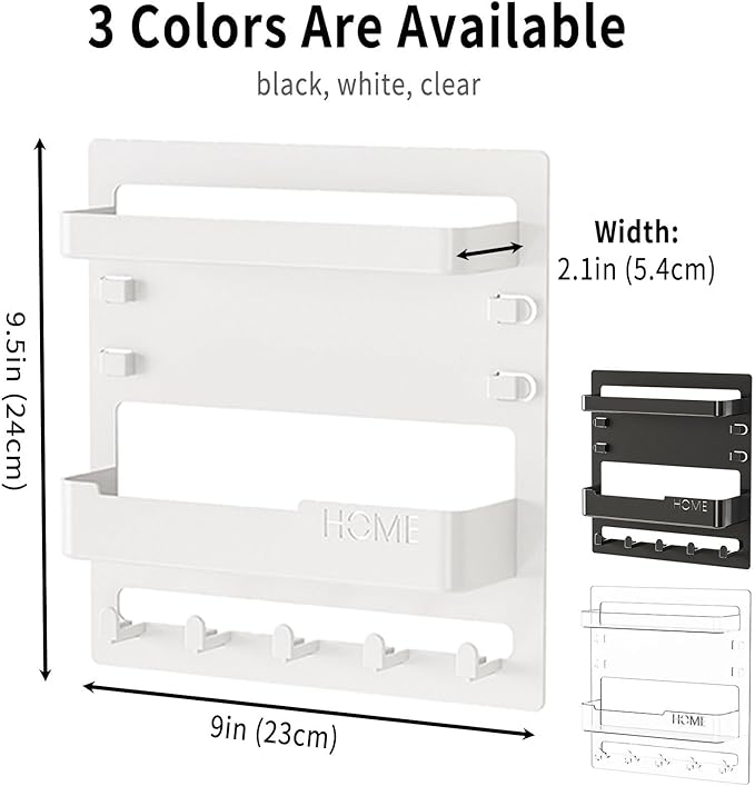 Wall Mount Bedside Shelf with Hooks, Adhesive Bedroom Organizer Storage for Phone, Remote, Kindle, Earphone, Dorm Room, RV, Office – Plastic Storage Rack (White)