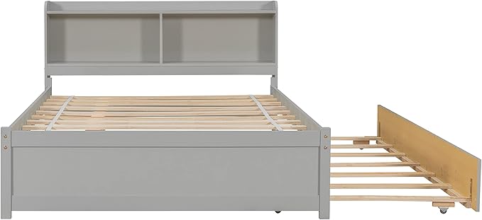 Harper & Bright Designs Full Size Bed Frame with Trundle, Full Size Platform Bed with Twin Trundle Under, Grey