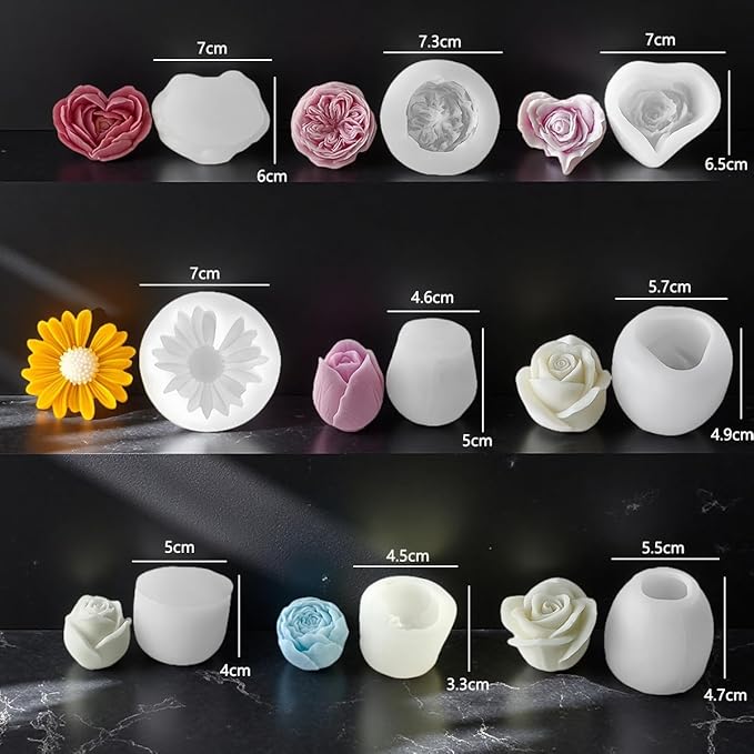 9Pcs Rose Flower Tulip Peony Heart Candle Soap Wax Mold Valentine Day Silicone for Small Butter Candles Chocolate Making Molds Silicones Shapes Moldes De Rosas Silicona para Velas